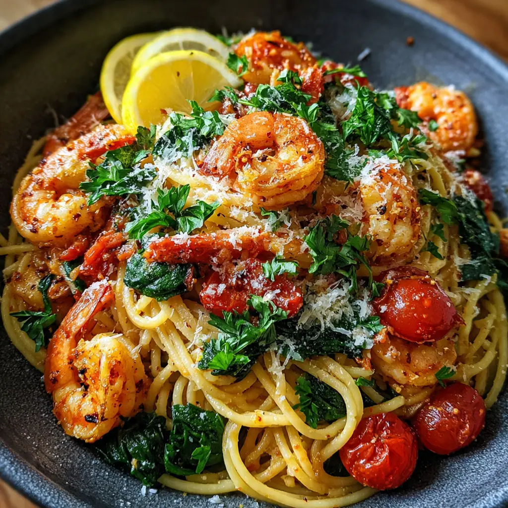 A close-up shot of spicy harissa sauce clinging to spaghetti with succulent pink prawns.