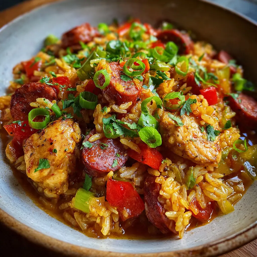 A beautiful white bowl of smoky Chicken & Chorizo Jambalaya ready to be eaten.