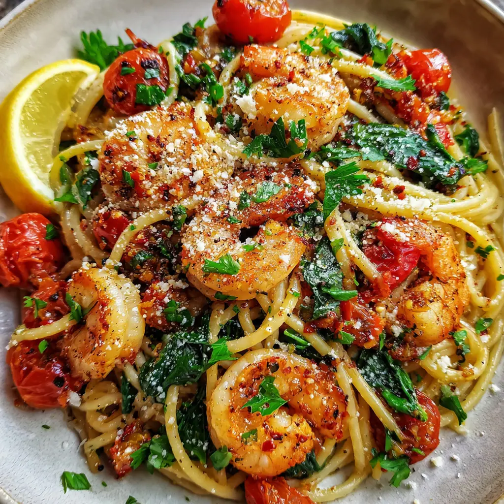 A large skillet showing the final Prawn & Harissa Spaghetti being tossed together before serving.