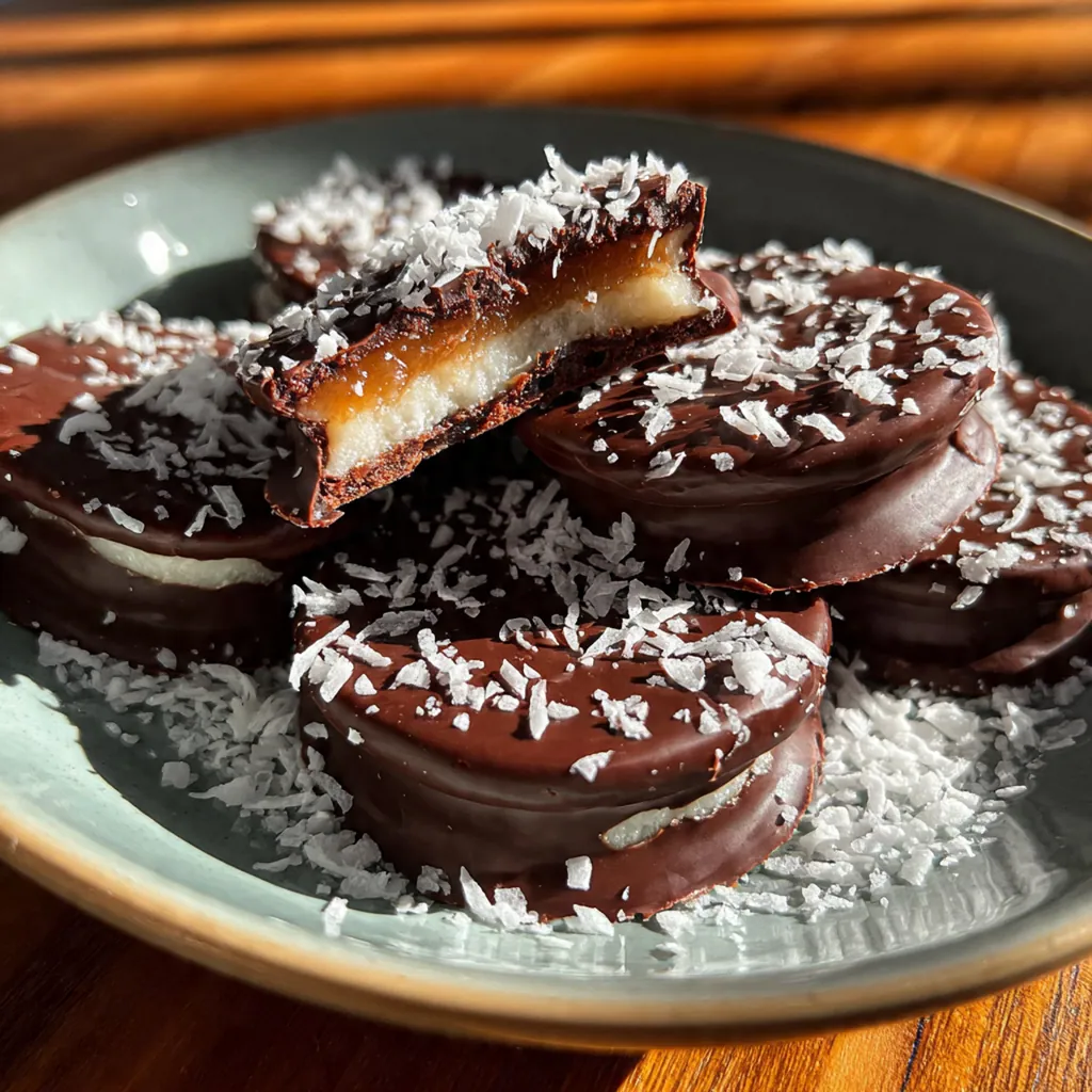 A frozen mint patty being dipped into a bowl of smooth, melted dark chocolate with a fork.