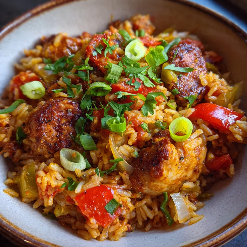 A close-up scoop of jambalaya on a spoon, showing tender rice, chicken, and slices of chorizo.