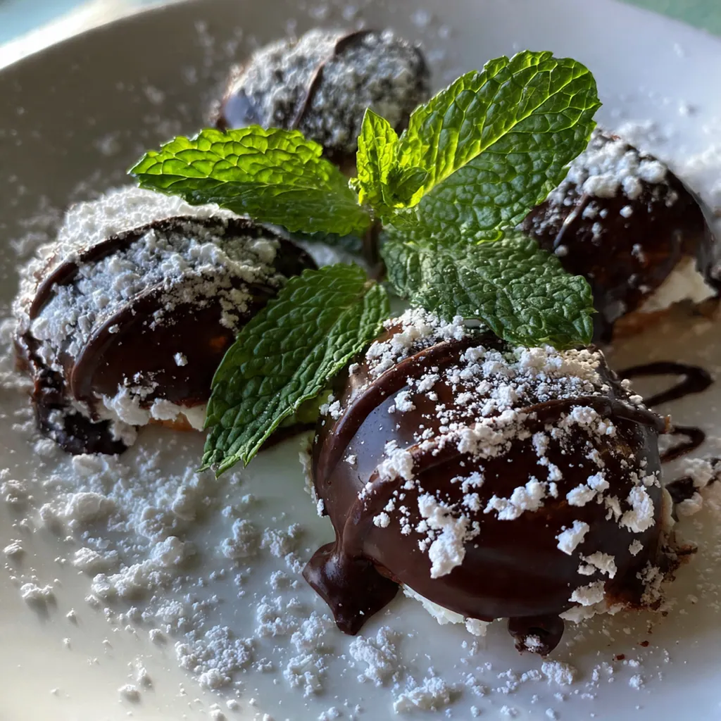 A close-up of a glossy, chocolate-covered peppermint patty sprinkled with flaky sea salt.