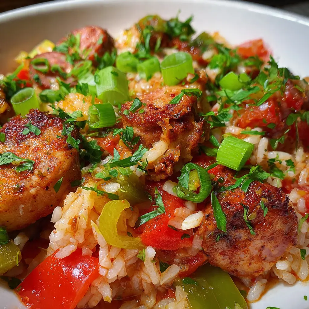 A large Dutch oven filled with vibrant Chicken & Chorizo Jambalaya, garnished with fresh green onions.