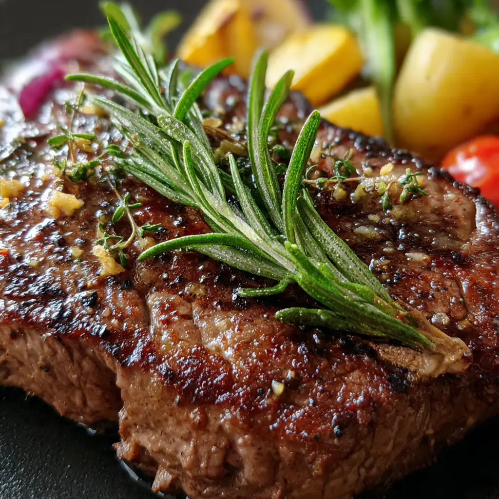 A perfectly pan-seared ribeye steak with a dark brown crust resting in a cast iron skillet