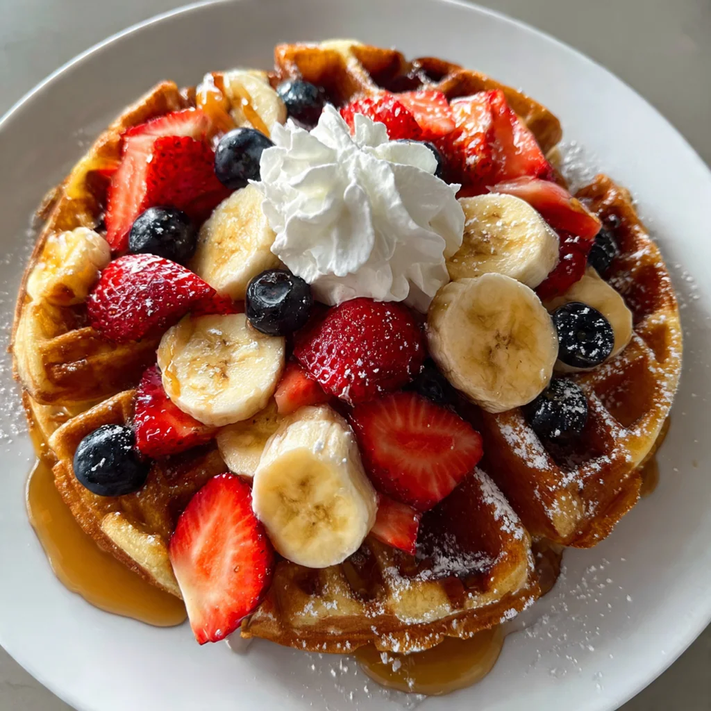 A high stack of golden brown homemade waffles drizzled with maple syrup and topped with fresh berries