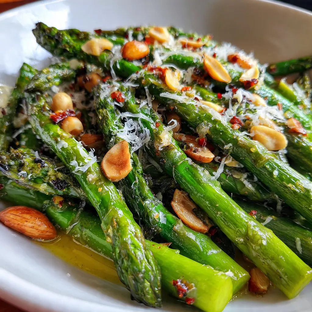 A creamy asparagus risotto in a white bowl, garnished with fresh parsley and lemon wedges