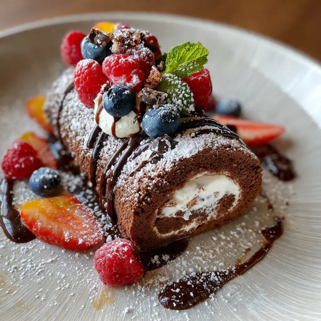 A finished Bûche de Noël with chocolate bark texture and a dusting of powdered sugar on a festive platter
