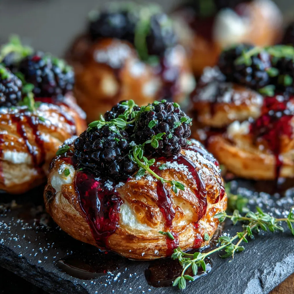 Flaky golden Blackberry Goat Cheese Twists fresh from the oven on a rustic baking sheet