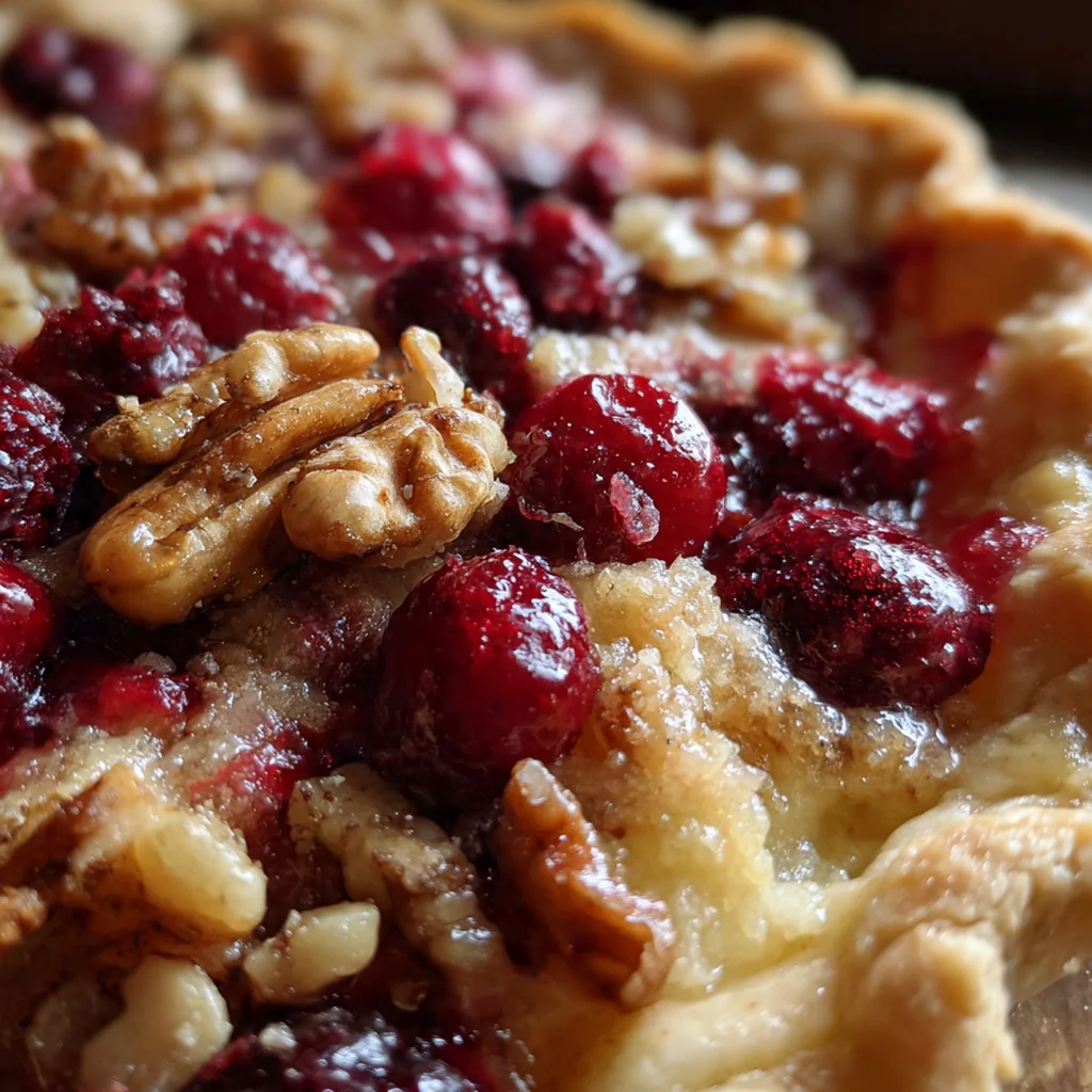 A golden brown cranberry walnut pie with a lattice crust on a rustic table