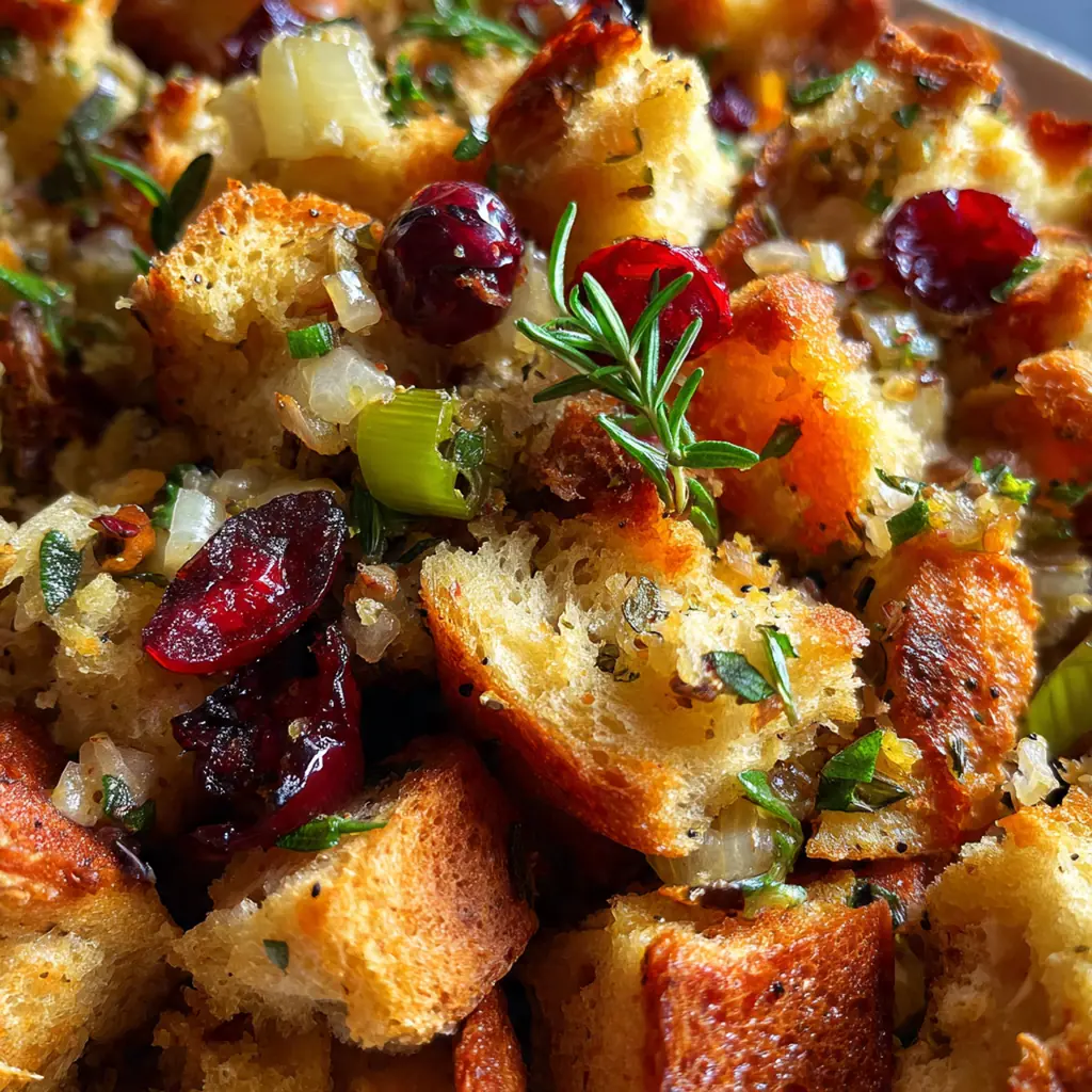 A cast iron skillet full of golden brown Thanksgiving stuffing with visible chunks of sausage and herbs