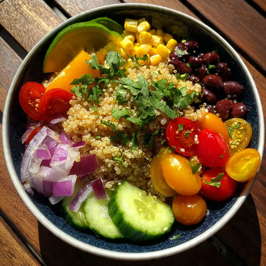 A vibrant Mediterranean quinoa bowl topped with crispy chickpeas, cherry tomatoes, and Kalamata olives