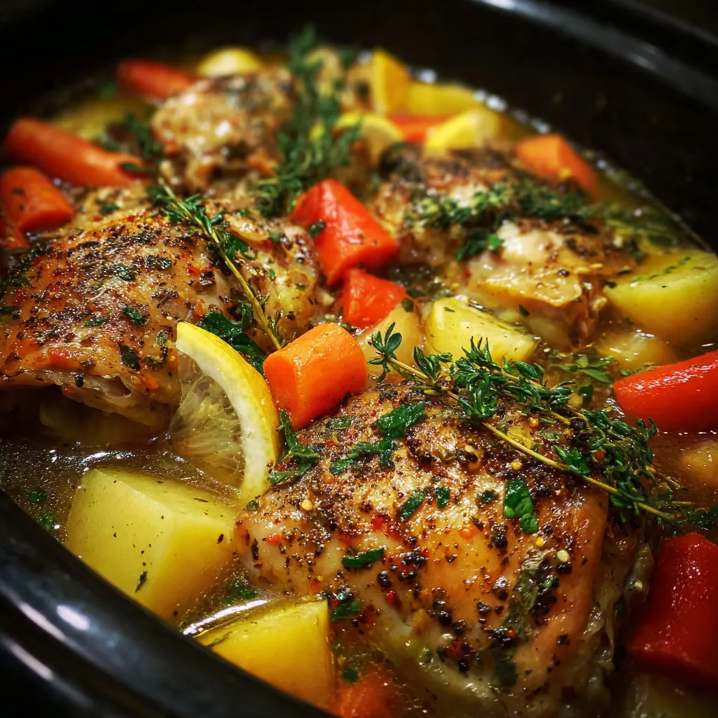 Tender shreds of lemon pepper chicken in a glossy, golden sauce in a slow cooker insert