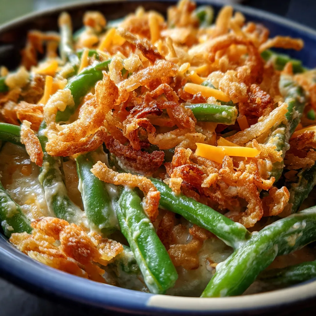 Pearl's Green Bean Casserole fresh from the oven with a golden crispy onion topping