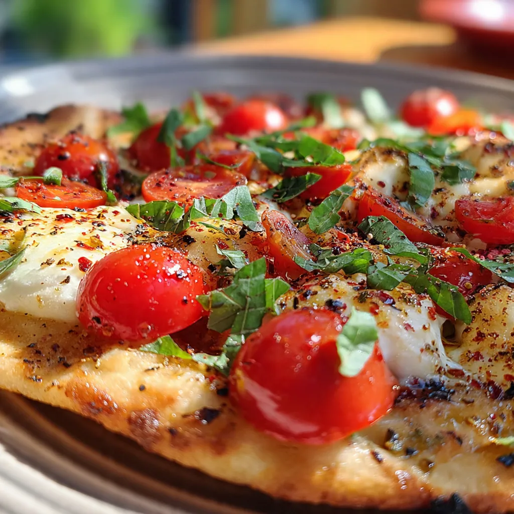 Freshly baked flatbread pizza with bubbling mozzarella and scattered basil leaves on a wooden board