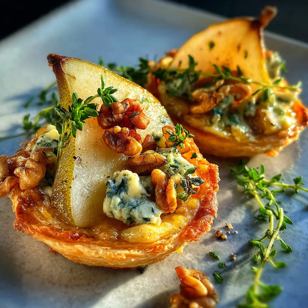 A rustic wooden board with a stack of pear and blue cheese tartlets garnished with fresh thyme