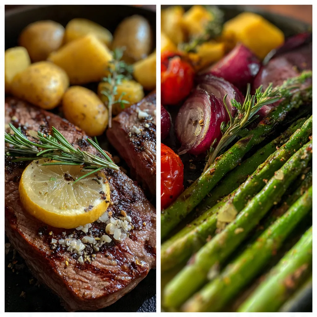 Sliced ribeye steak plated with fresh herbs and a sprinkle of flaky sea salt