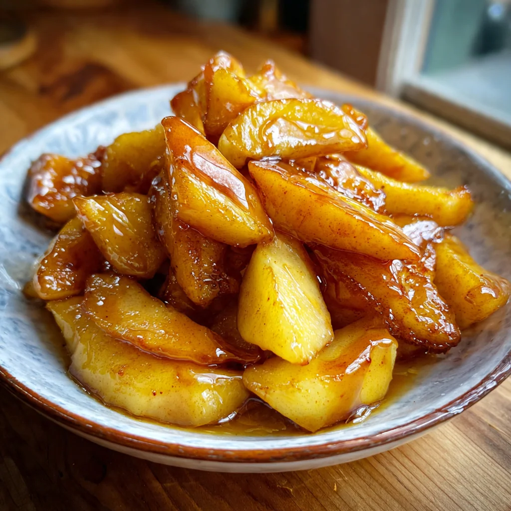 Close-up of a spoonful of spiced fried apples with a scoop of melting vanilla ice cream