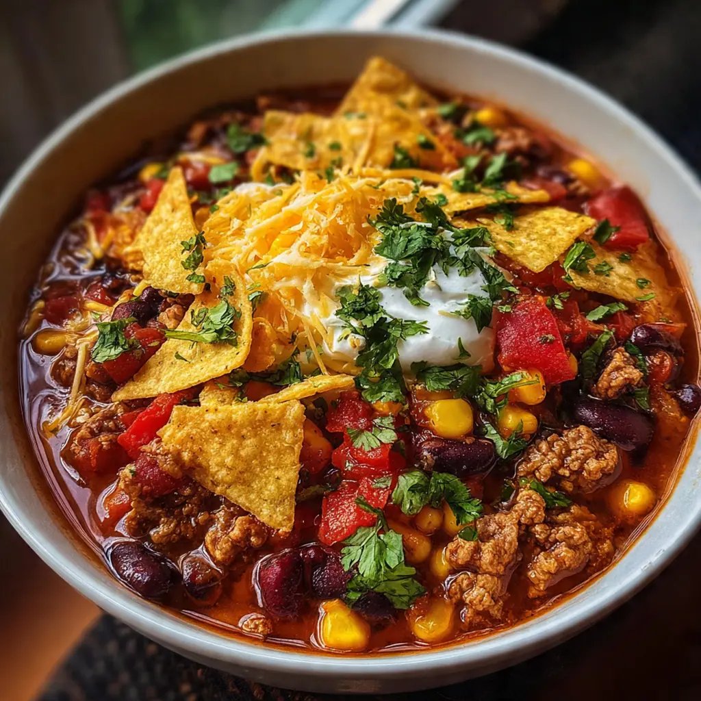 Close-up of a colorful bowl of taco soup topped with cheese, avocado, and cilantro