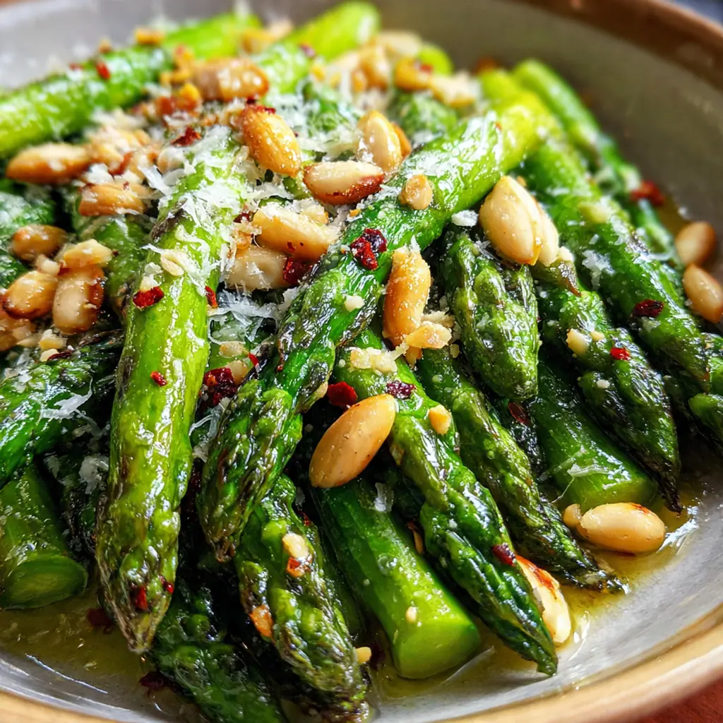 Close-up of a spoon dipping into risotto, showing tender green asparagus pieces and glossy rice