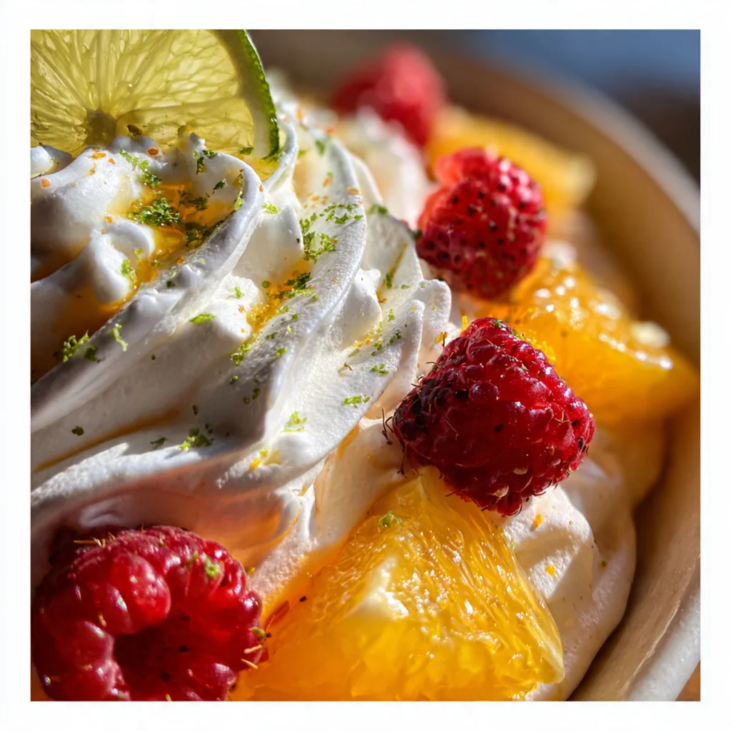 Overhead view of a beautifully garnished pavlova on a rustic wooden table, ready for serving at a celebration