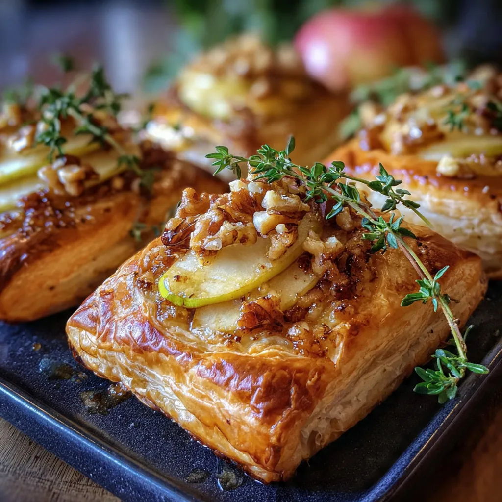 Close-up view of a flaky puff pastry triangle filled with melted brie and cinnamon apples