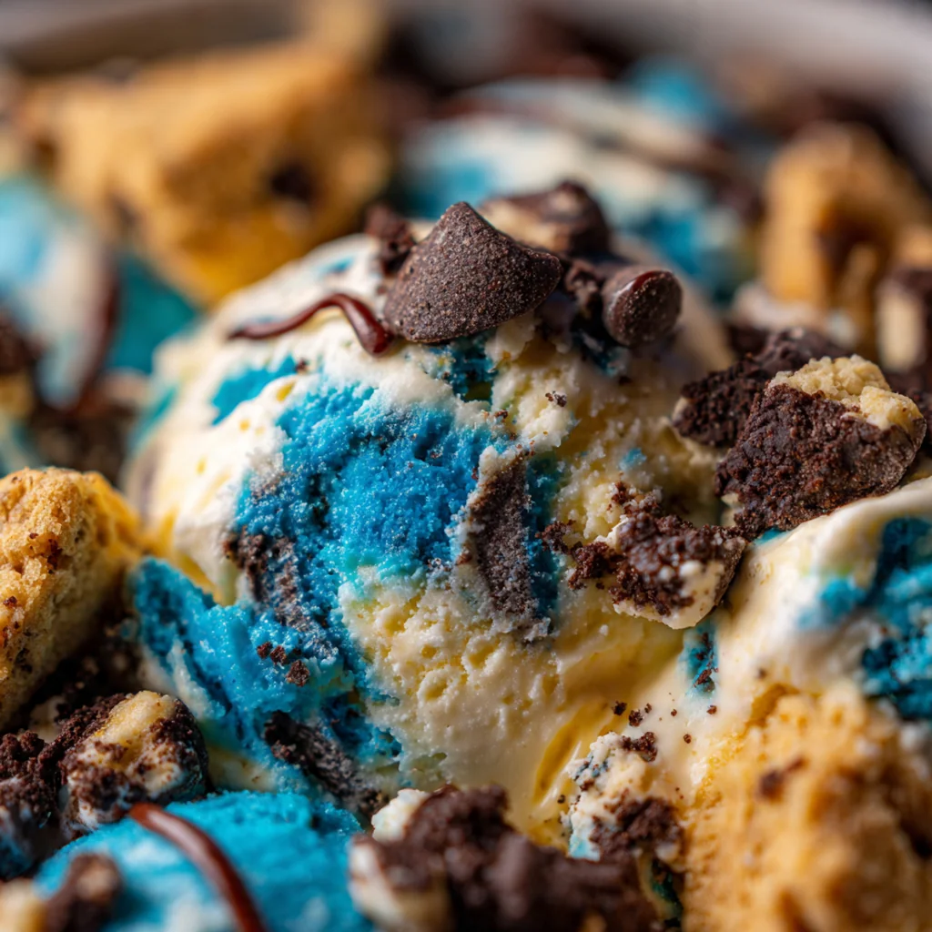 Close-up of a scoop of blue ice cream bursting with chocolate chip cookie dough and Oreo pieces