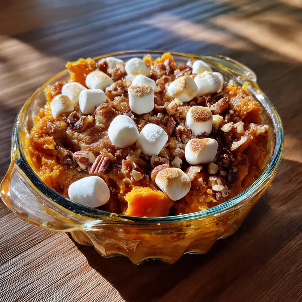 A festive holiday table setting with the sweet potato casserole as the centerpiece alongside roasted turkey and other sides