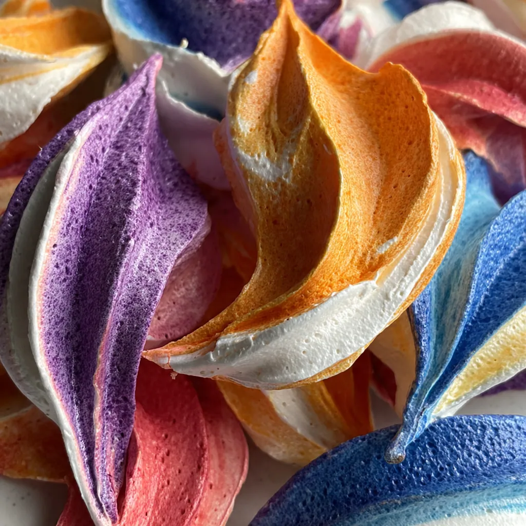 A close-up of a single meringue bone being dipped into a small bowl of shiny red glaze.