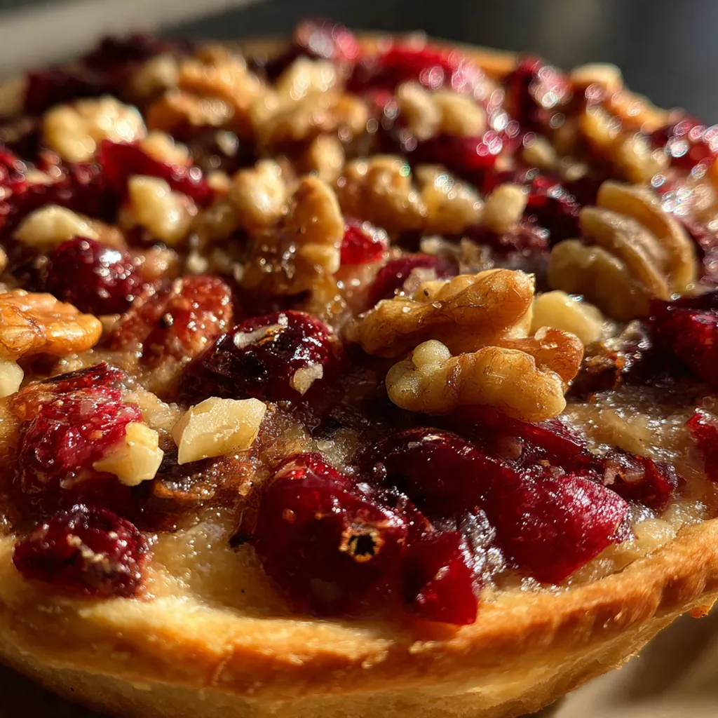Fresh cranberries and walnuts scattered around a pie dish with rolling pin and flour