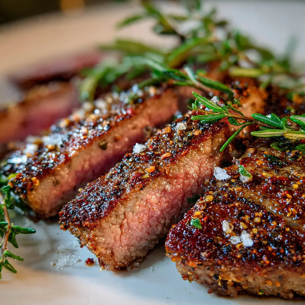 Close-up of a homemade steak seasoning blend in a small bowl next to fresh steaks