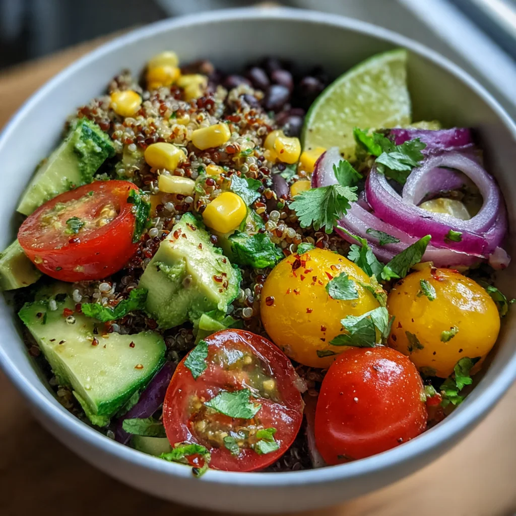Overhead view of fresh ingredients for a quinoa bowl including lemon, herbs, and colorful vegetables