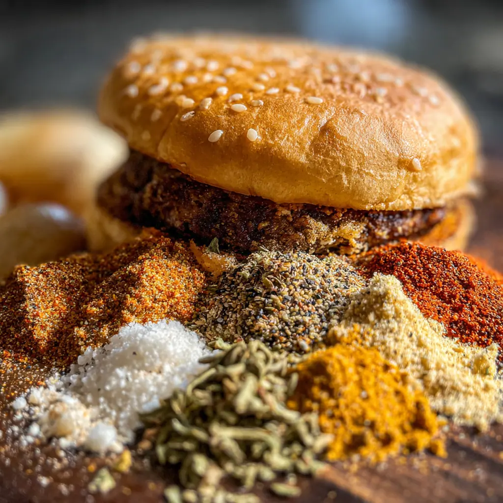 A close-up of a finished burger with the seasoned patty, melted cheese, and fresh toppings on a bun