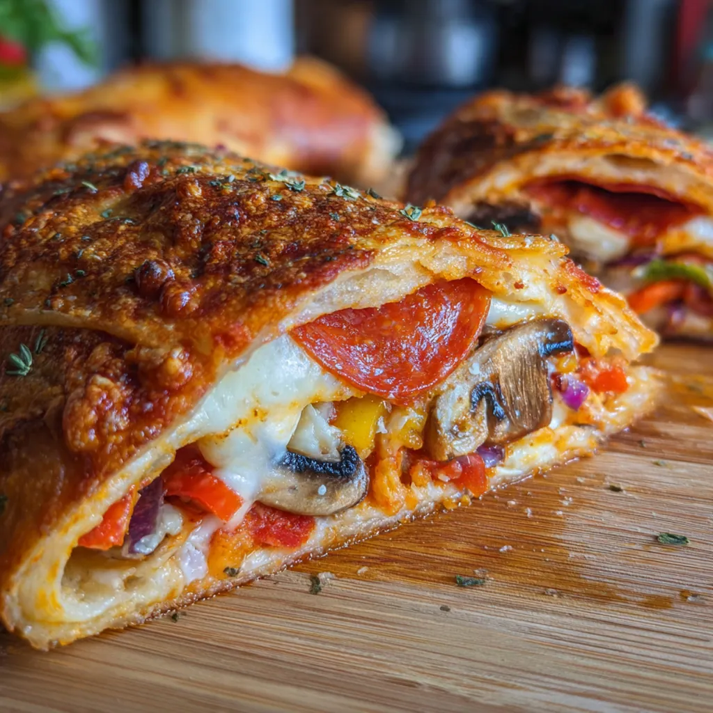 Close-up of a sliced stromboli showing layers of pepperoni, ham, cheese, and olives