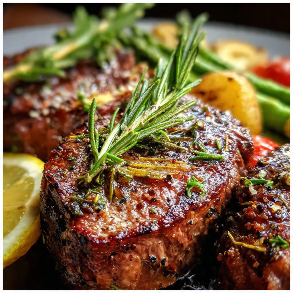 Close-up of spooning foaming garlic herb butter over a juicy steak in a skillet