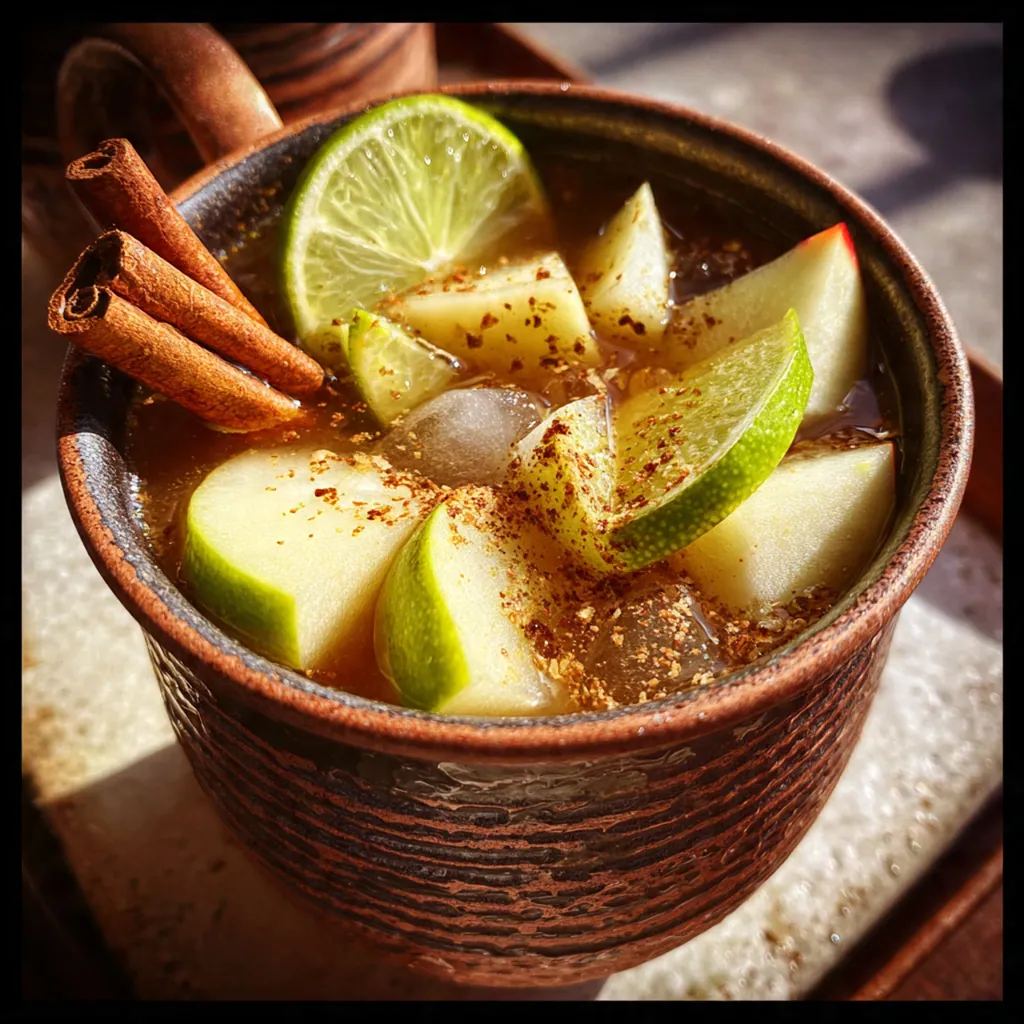 Two finished Fall Cider Mules on a wooden table with autumn leaves and cozy blanket