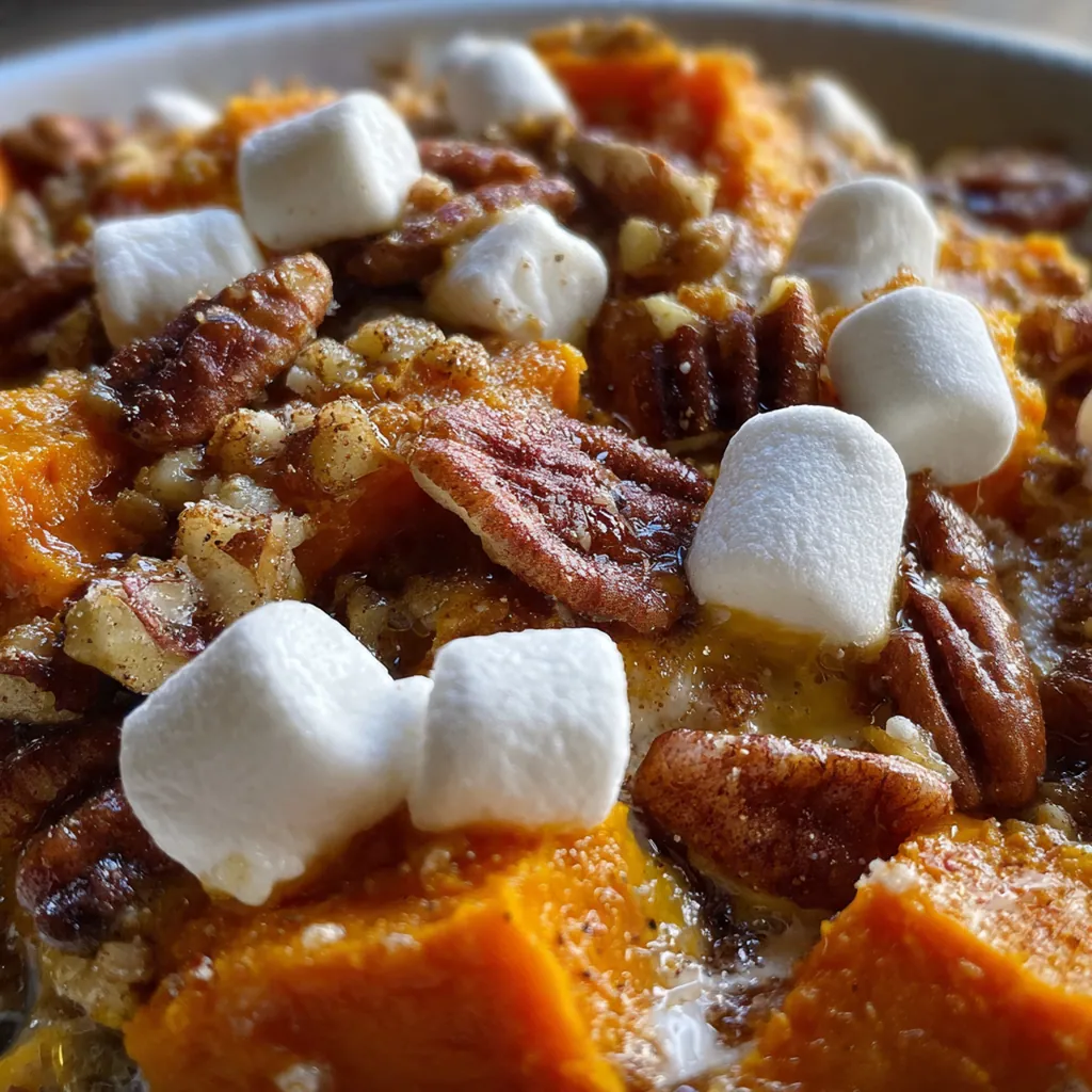 Close-up of a serving spoon slicing through the creamy sweet potato filling and crunchy pecan topping