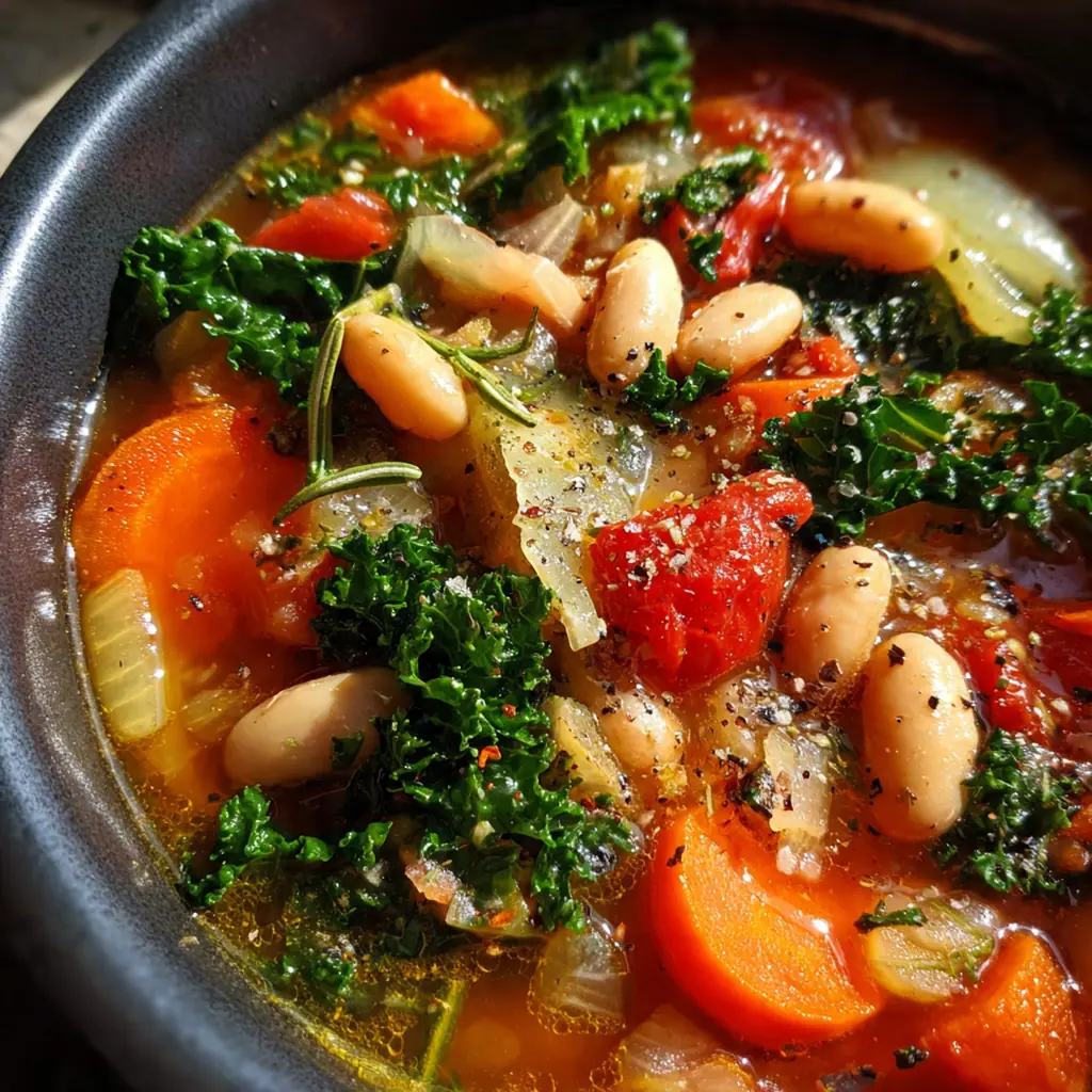 Close-up of a wooden spoon dipping into a pot of hearty soup, showing the creamy beans and vibrant greens