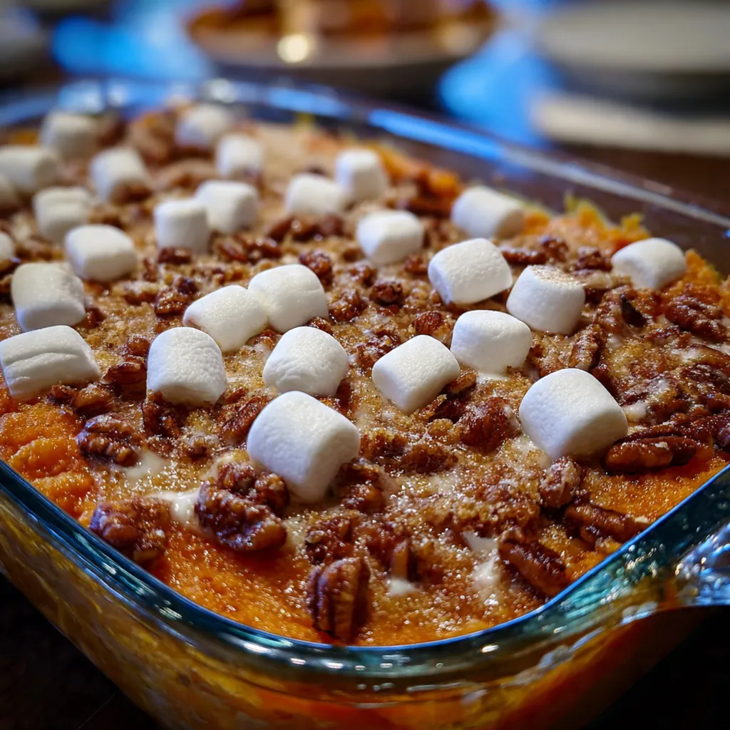 Close-up of a spoon pulling up a gooey portion of sweet potato casserole with marshmallow strings