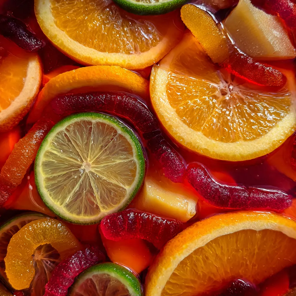 A hand ladling the bubbling Halloween punch into a glass, with gummy worms draped over the side.
