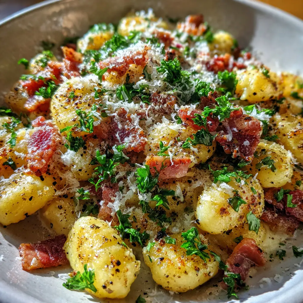 A rustic skillet filled with golden gnocchi carbonara next to a wooden board of cheese and pepper