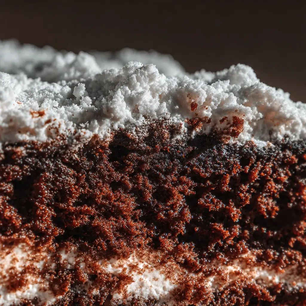 Ingredients for devil's food cake arranged on a counter: cocoa, flour, coffee, buttermilk, and a bowl of dark brown sugar.
