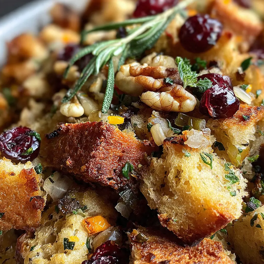 Close-up of a serving spoon lifting a portion of moist stuffing with pecans and cranberries