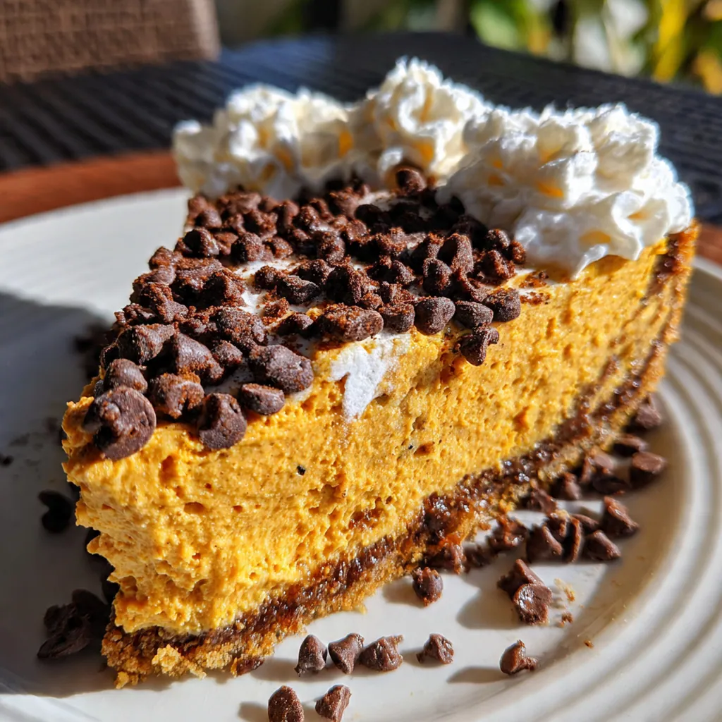 Close-up of a pie slice showing the graham cracker crust and swirled pumpkin cheesecake layer