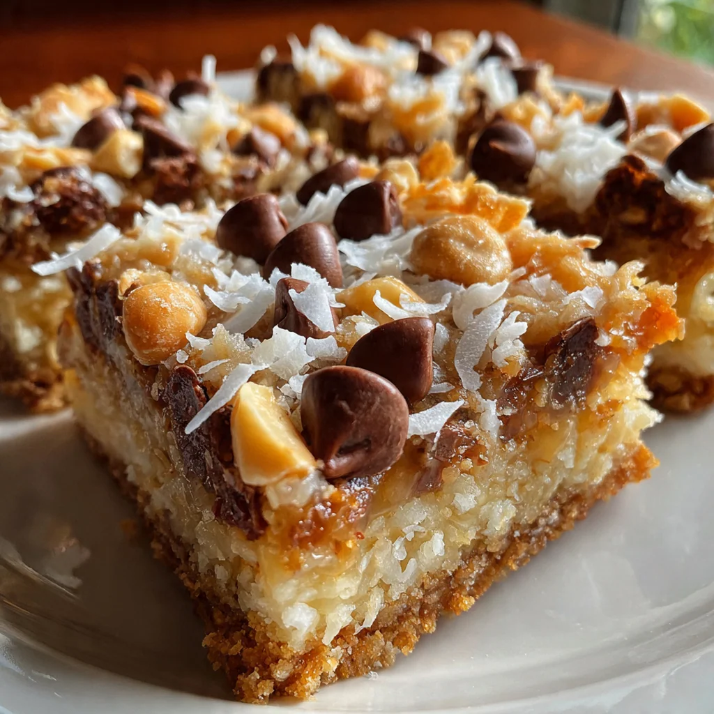 A stack of perfectly cut magic bars on a rustic wooden plate with a glass of milk