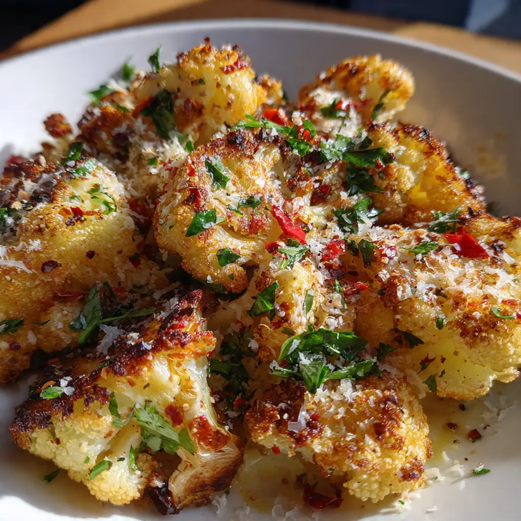 A rustic bowl of spiced roasted cauliflower topped with crumbled feta cheese and toasted pine nuts