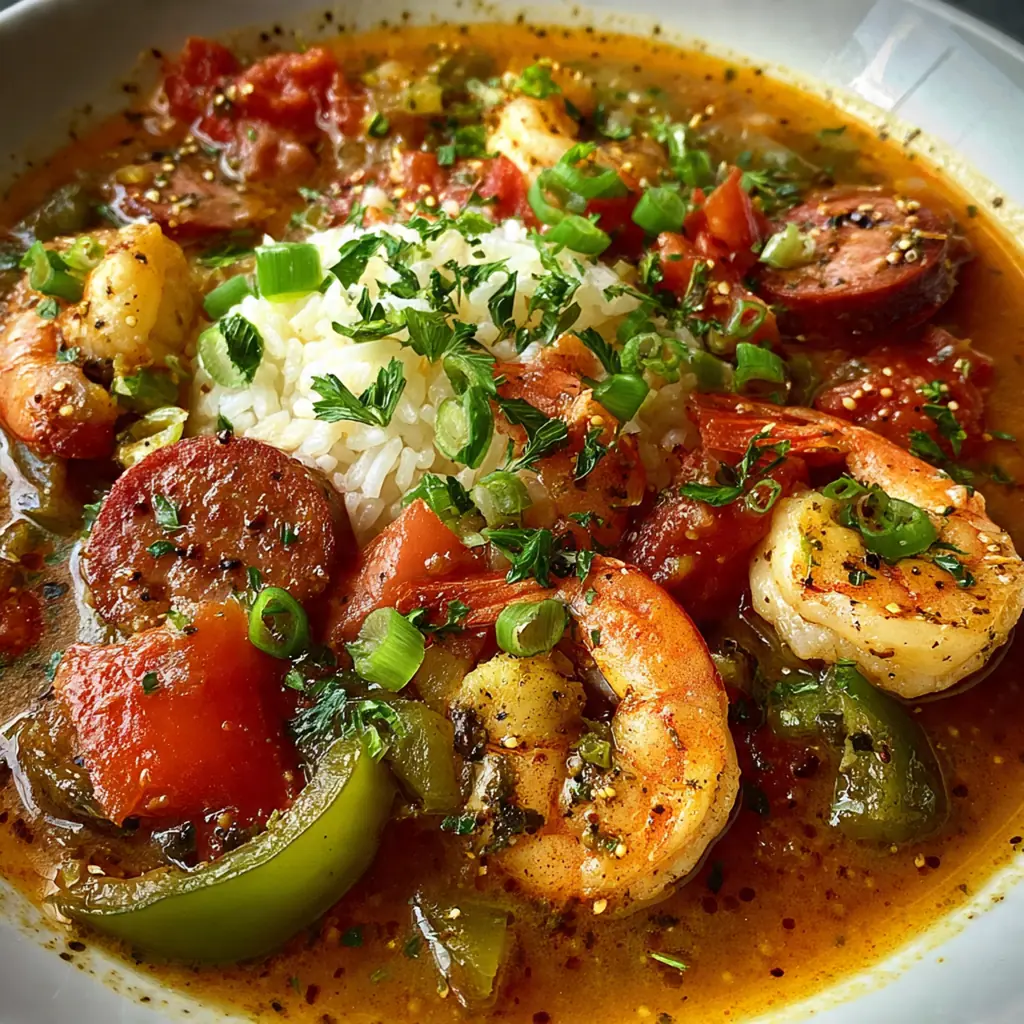 Overhead view of a family-style pot of gumbo next to a bowl of rice and crusty French bread