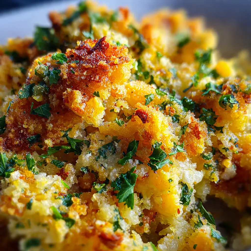 Close-up of a serving spoon cutting into the creamy corn casserole with visible kernels and crispy topping