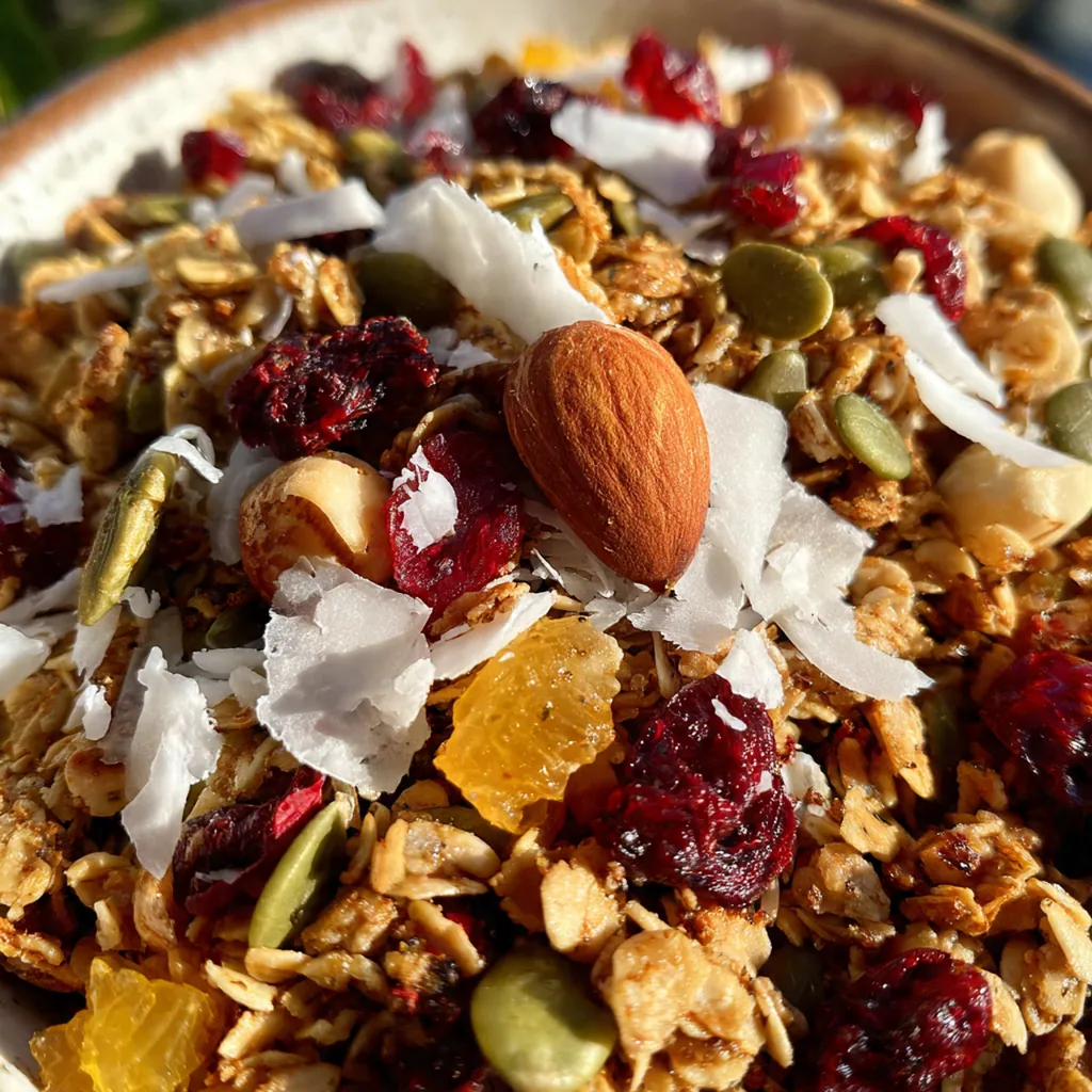 Close-up of golden toasted granola with almonds, coconut, and pumpkin seeds on a baking sheet