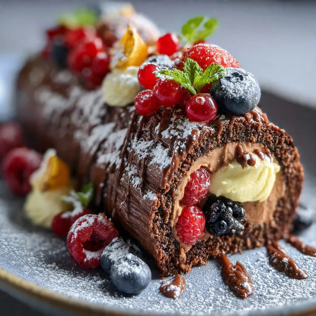 Close-up slice of the Yule log showing layers of chocolate sponge and rich buttercream