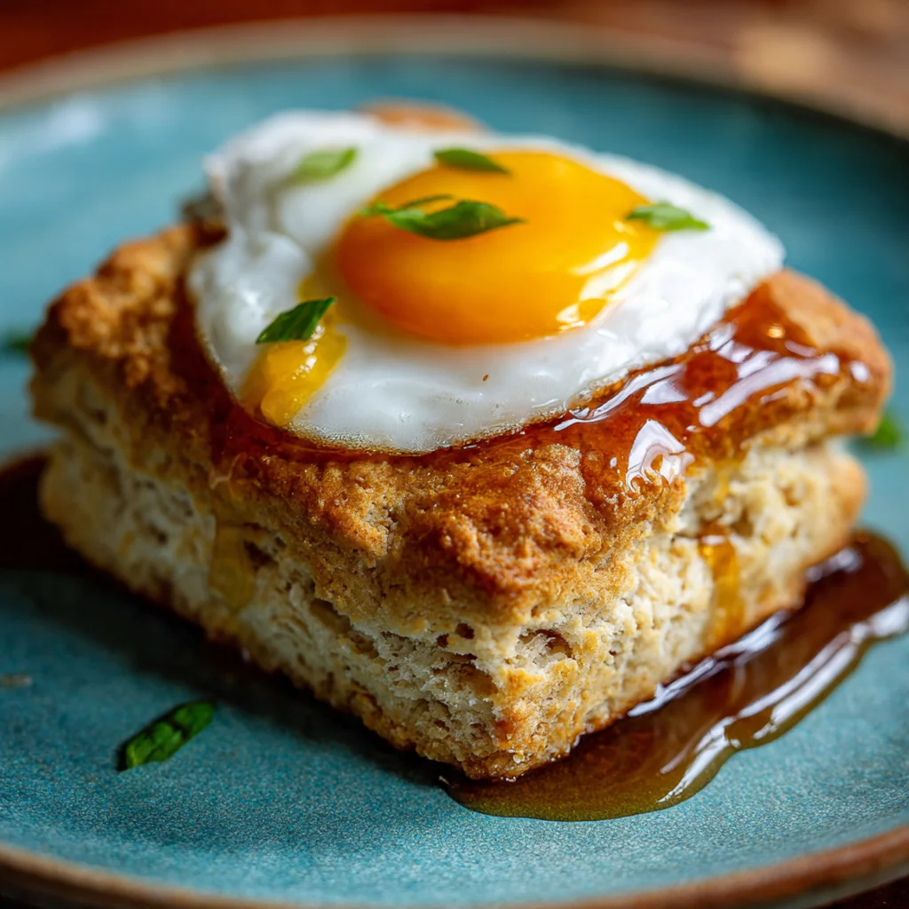 A complete breakfast plate with a warm biscuit split open and topped with melting butter and honey